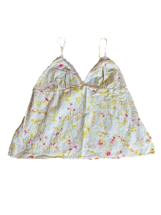 Tops - Y2K Floral Babydoll Lace Trim Cami Tank Top Yellow/Pink Cottagecore Dainty Large
